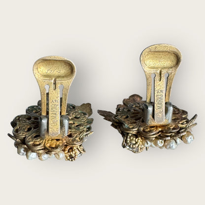 Rare Signed DiMario Vintage Clip-On Earrings – Hand-Wired Rhinestones & Faux Pearls (As-Is, 1950s)