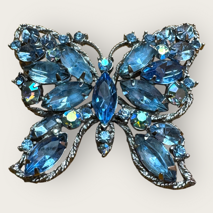 Signed Weiss Vintage Butterfly Brooch – Aqua Blue & Aurora Borealis Rhinestones, 1950s Statement Jewelry
