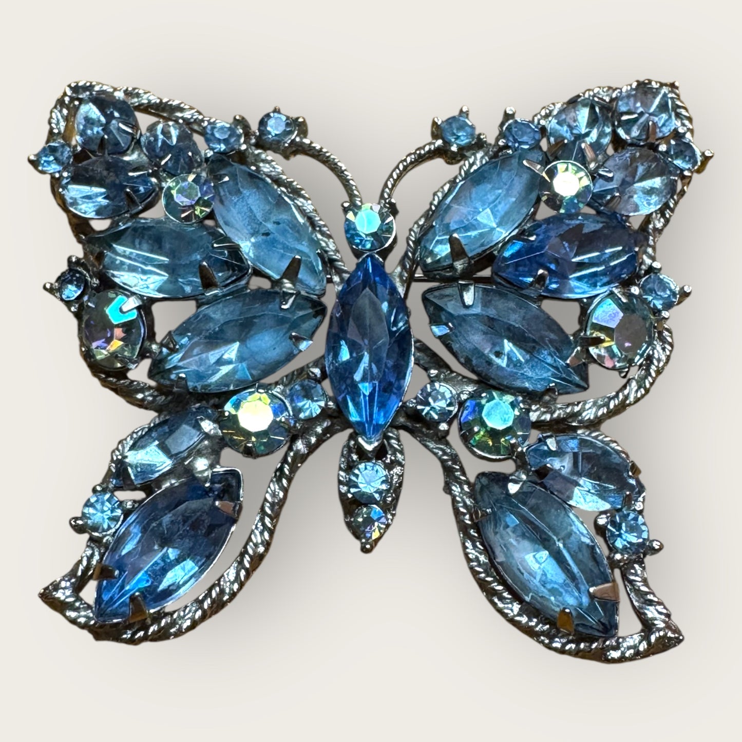 Signed Weiss Vintage Butterfly Brooch – Aqua Blue & Aurora Borealis Rhinestones, 1950s Statement Jewelry