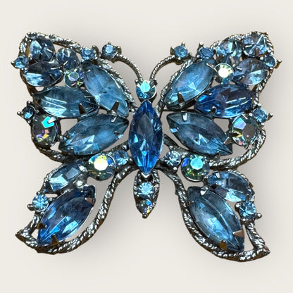 Signed Weiss Vintage Butterfly Brooch – Aqua Blue & Aurora Borealis Rhinestones, 1950s Statement Jewelry