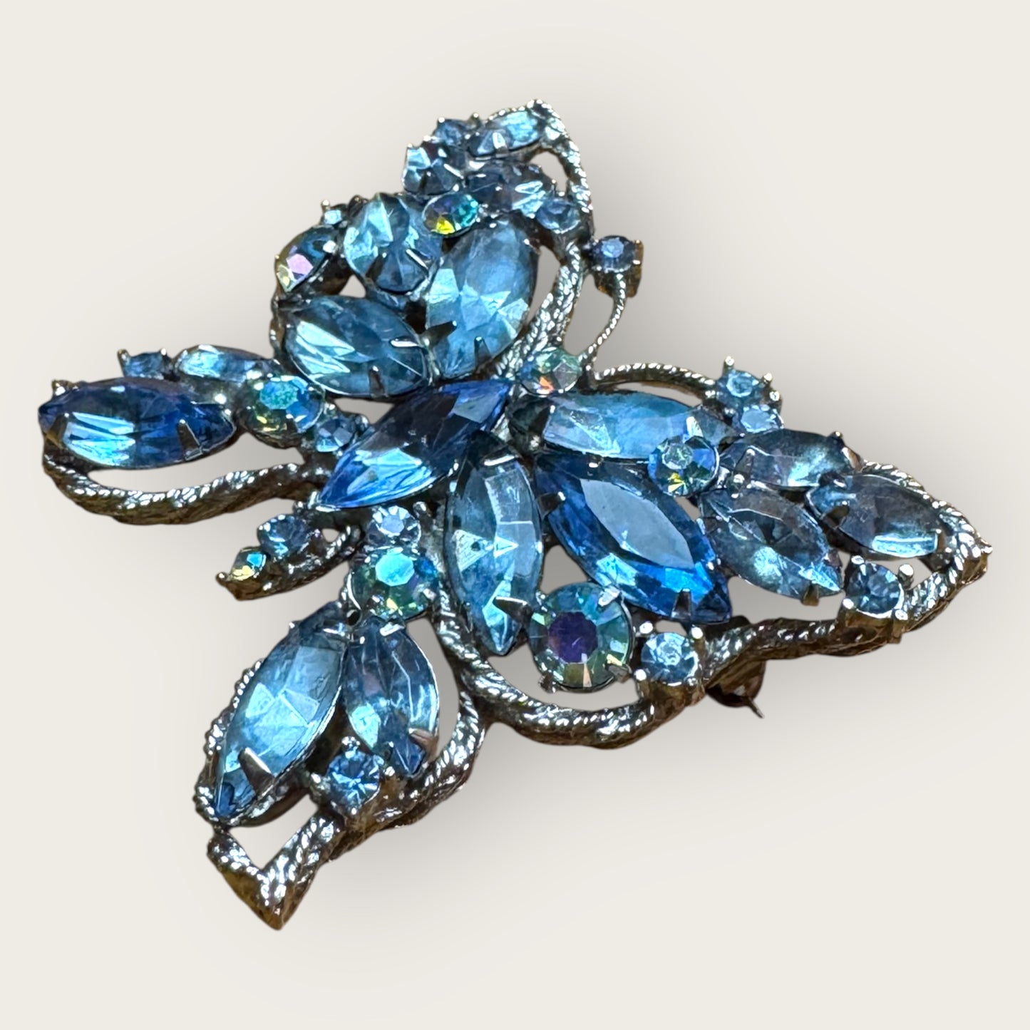 Signed Weiss Vintage Butterfly Brooch – Aqua Blue & Aurora Borealis Rhinestones, 1950s Statement Jewelry