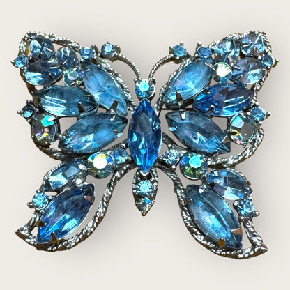 Signed Weiss Vintage Butterfly Brooch – Aqua Blue & Aurora Borealis Rhinestones, 1950s Statement Jewelry