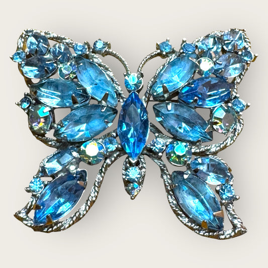 Signed Weiss Vintage Butterfly Brooch – Aqua Blue & Aurora Borealis Rhinestones, 1950s Statement Jewelry