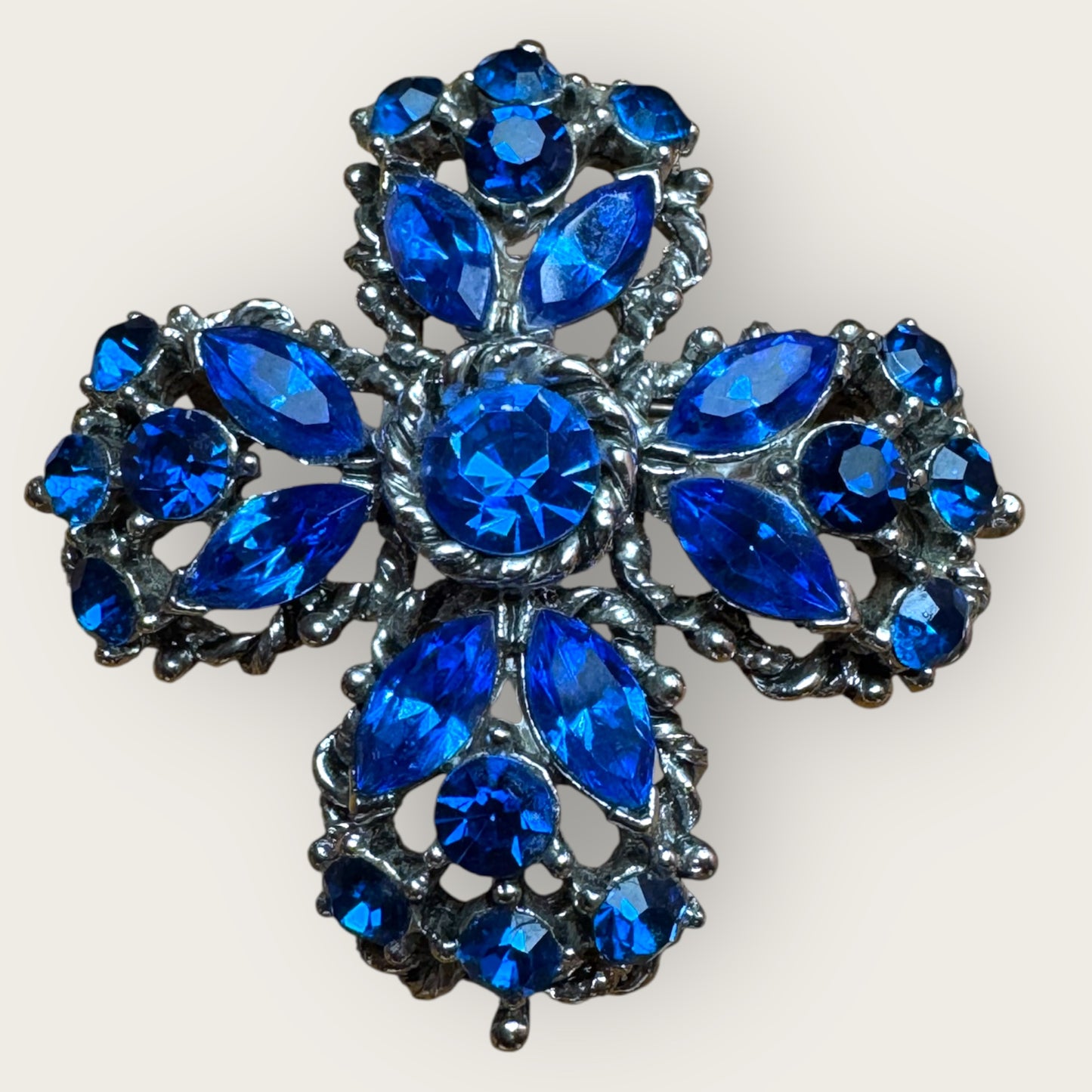 Vintage Signed Weiss Sapphire Blue Rhinestone Cross Brooch – 1960s Statement Jewelry