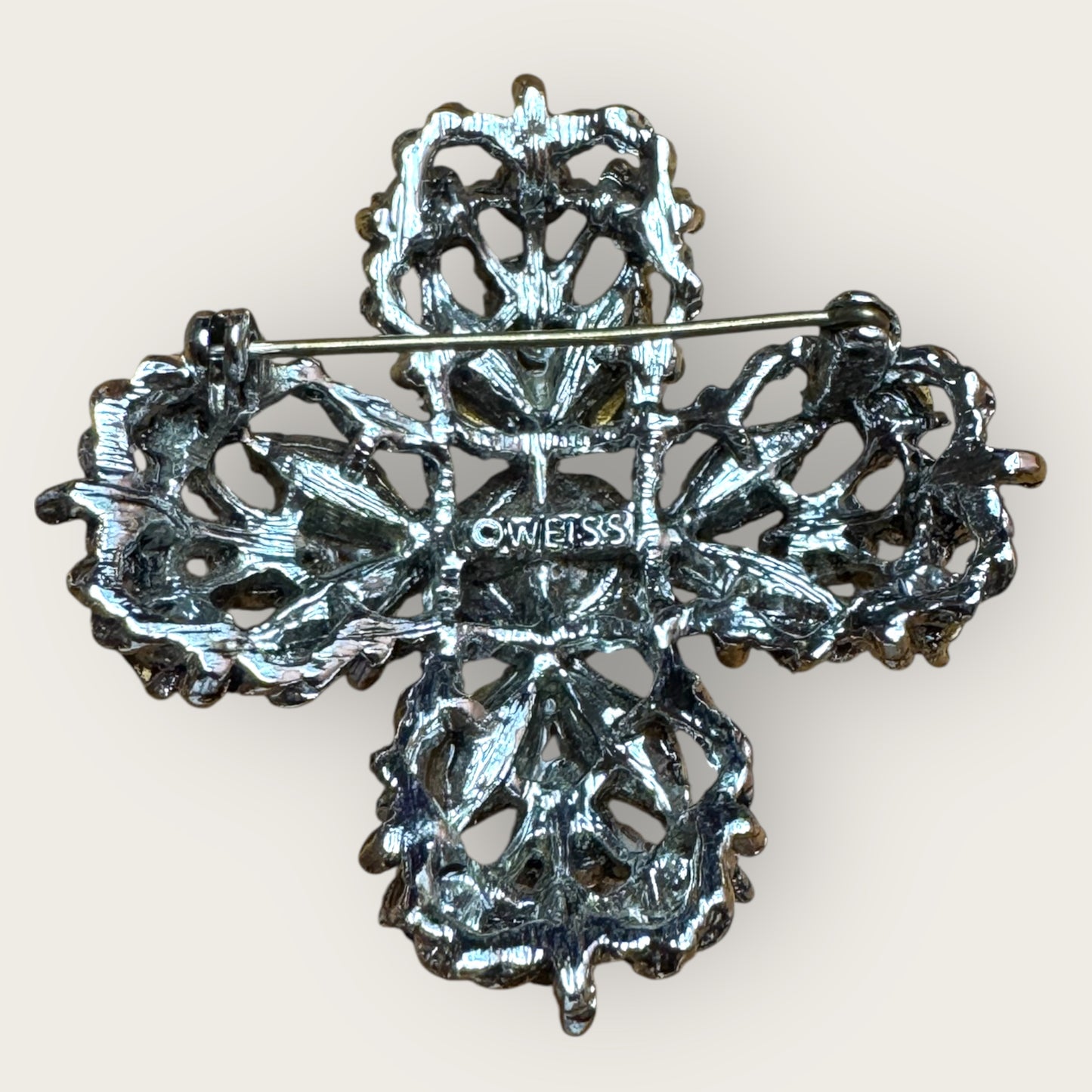 Vintage Signed Weiss Sapphire Blue Rhinestone Cross Brooch – 1960s Statement Jewelry