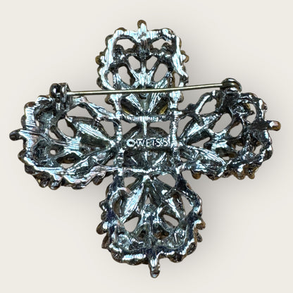 Vintage Signed Weiss Sapphire Blue Rhinestone Cross Brooch – 1960s Statement Jewelry