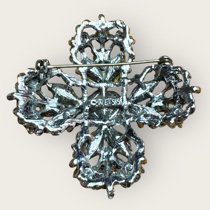 Vintage Signed Weiss Sapphire Blue Rhinestone Cross Brooch – 1960s Statement Jewelry