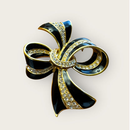 Vintage Black Enamel & Crystal Bow Brooch – Signed AS, Gold-Tone Statement Pin