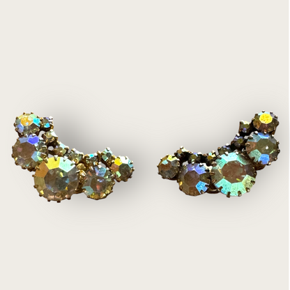 Vintage Aurora Borealis Ear Climber Earrings – Clear AB Rhinestones with Dog Tooth Prongs (Sold As-Is)