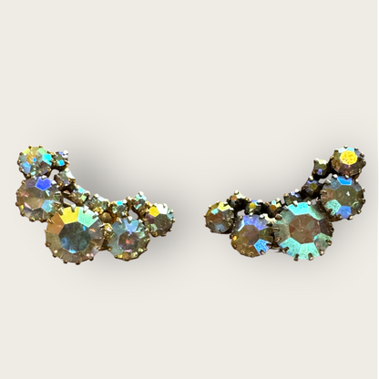 Vintage Aurora Borealis Ear Climber Earrings – Clear AB Rhinestones with Dog Tooth Prongs (Sold As-Is)