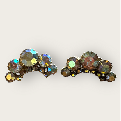 Vintage Aurora Borealis Ear Climber Earrings – Clear AB Rhinestones with Dog Tooth Prongs (Sold As-Is)