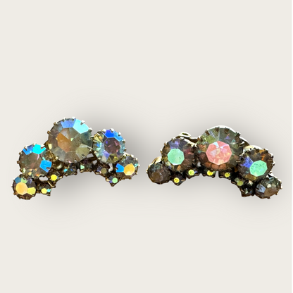 Vintage Aurora Borealis Ear Climber Earrings – Clear AB Rhinestones with Dog Tooth Prongs (Sold As-Is)