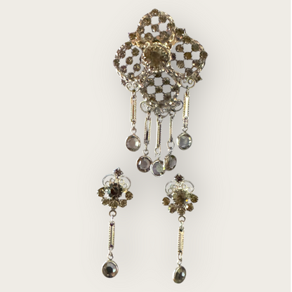Juliana Style Vintage Silvertone Brooch & Earring Set – Smoky Gray Rhinestones with Dangles