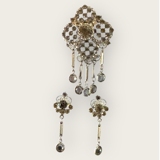 Juliana Style Vintage Silvertone Brooch & Earring Set – Smoky Gray Rhinestones with Dangles