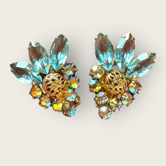 Verified Juliana 1964 Ice Blue Navette Earrings with Brass Filigree Beads – Book Piece