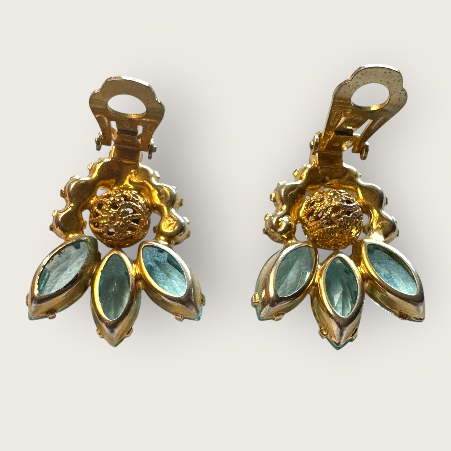 Verified Juliana 1964 Ice Blue Navette Earrings with Brass Filigree Beads – Book Piece