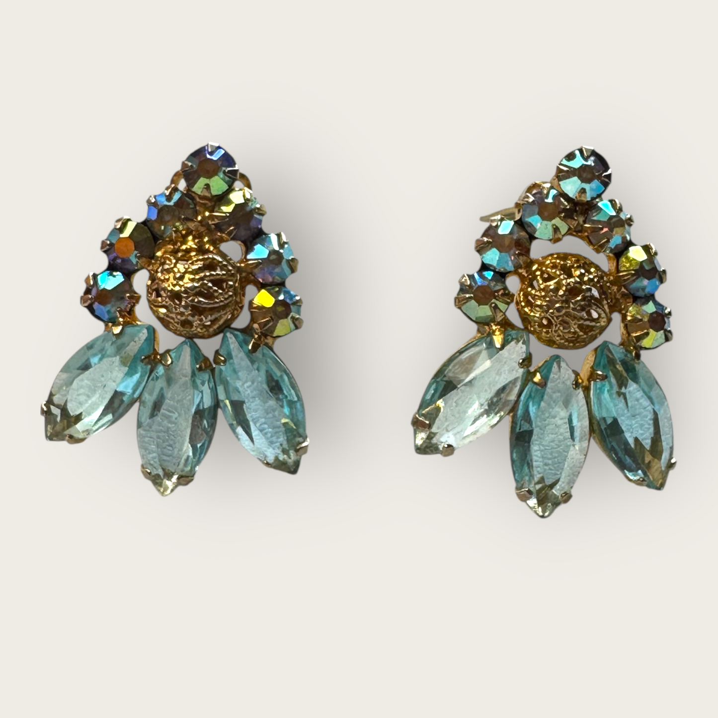 Verified Juliana 1964 Ice Blue Navette Earrings with Brass Filigree Beads – Book Piece