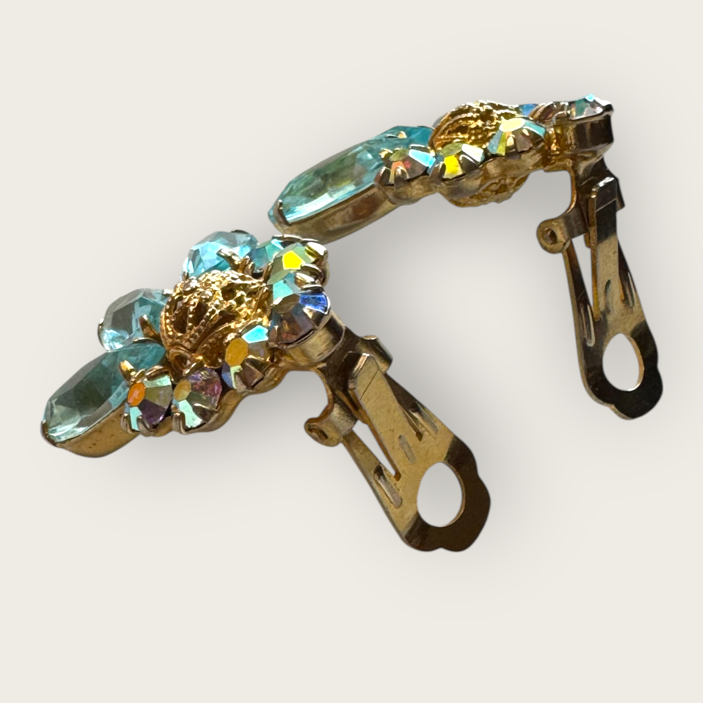 Verified Juliana 1964 Ice Blue Navette Earrings with Brass Filigree Beads – Book Piece
