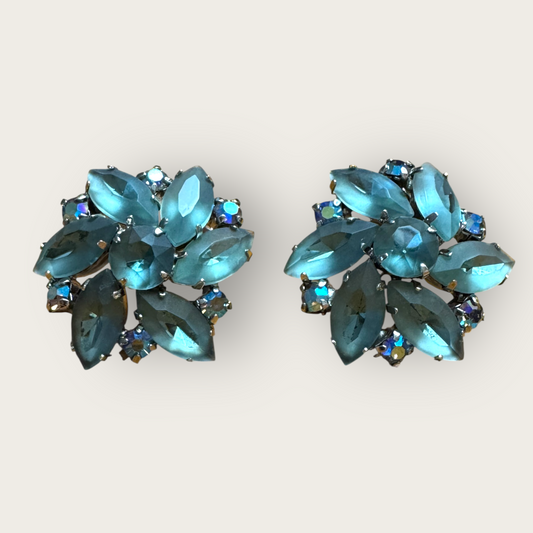 Frosted Blue Floral Cluster Vintage Clip-On Earrings – Juliana Style, 1960s AB Rhinestones Unsigned