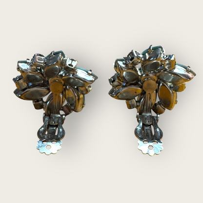 Frosted Blue Floral Cluster Vintage Clip-On Earrings – Juliana Style, 1960s AB Rhinestones Unsigned