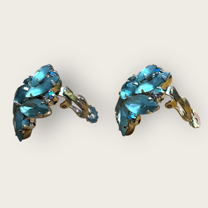 Frosted Blue Floral Cluster Vintage Clip-On Earrings – Juliana Style, 1960s AB Rhinestones Unsigned