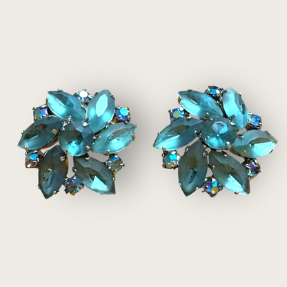 Frosted Blue Floral Cluster Vintage Clip-On Earrings – Juliana Style, 1960s AB Rhinestones Unsigned
