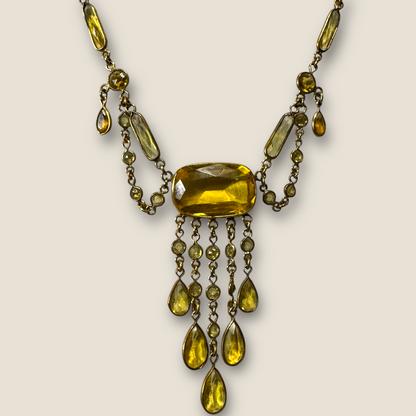 Antique 1920s Gold Festoon Necklace with Glowing Vaseline Glass & Crystal Dangles