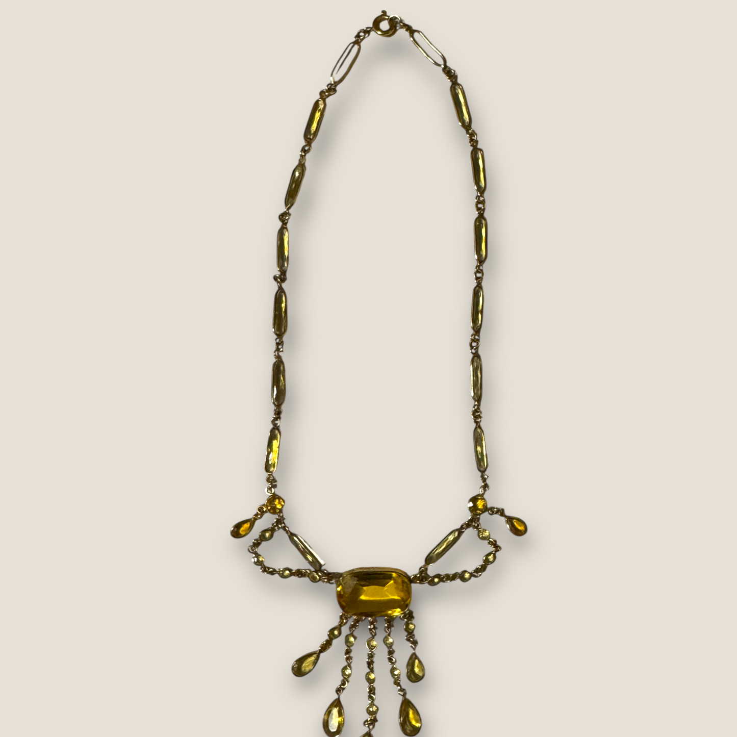 Antique 1920s Gold Festoon Necklace with Glowing Vaseline Glass & Crystal Dangles