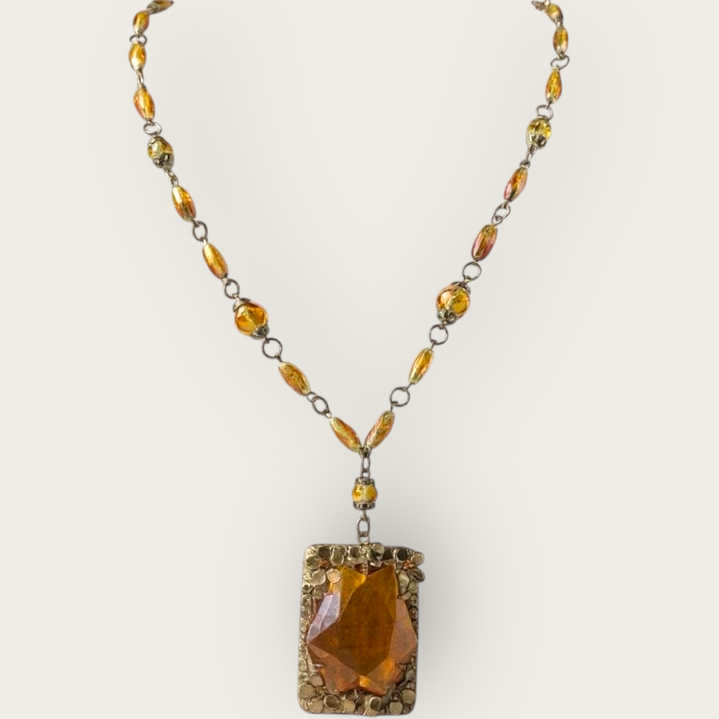 Antique Czechoslovakia Amber Glass Pendant Necklace – Ornate Floral Filigree – Signed 1920s Art Deco