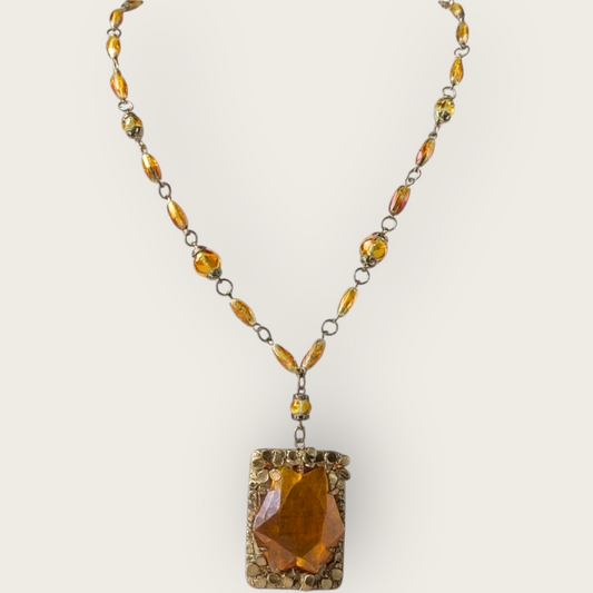 Antique Czechoslovakia Amber Glass Pendant Necklace – Ornate Floral Filigree – Signed 1920s Art Deco