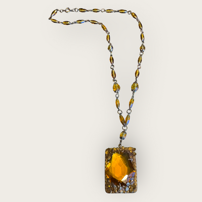 Antique Czechoslovakia Amber Glass Pendant Necklace – Ornate Floral Filigree – Signed 1920s Art Deco