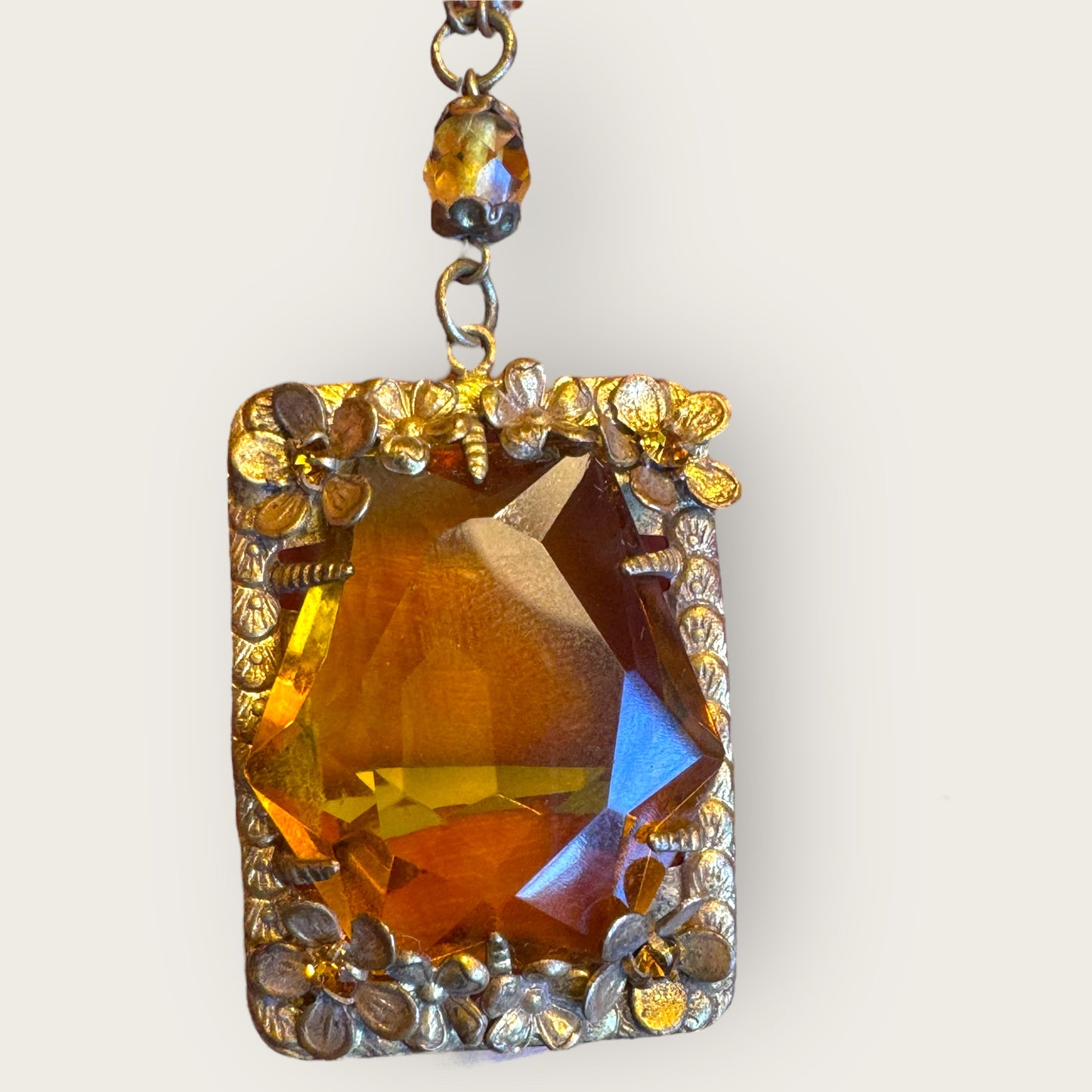 Antique Czechoslovakia Amber Glass Pendant Necklace – Ornate Floral Filigree – Signed 1920s Art Deco