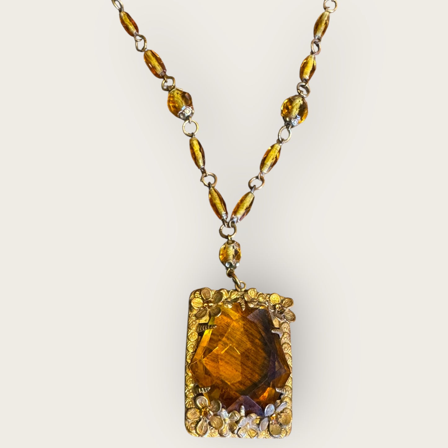Antique Czechoslovakia Amber Glass Pendant Necklace – Ornate Floral Filigree – Signed 1920s Art Deco