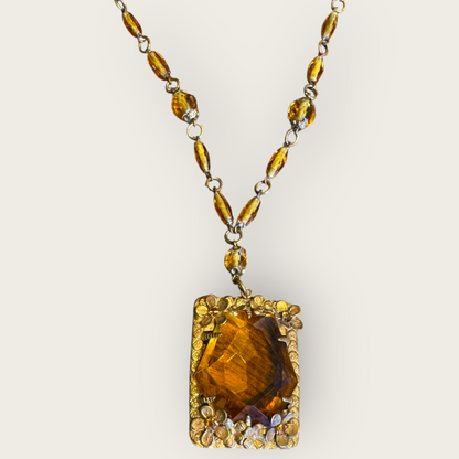 Antique Czechoslovakia Amber Glass Pendant Necklace – Ornate Floral Filigree – Signed 1920s Art Deco