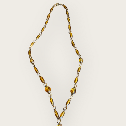 Antique Czechoslovakia Amber Glass Pendant Necklace – Ornate Floral Filigree – Signed 1920s Art Deco