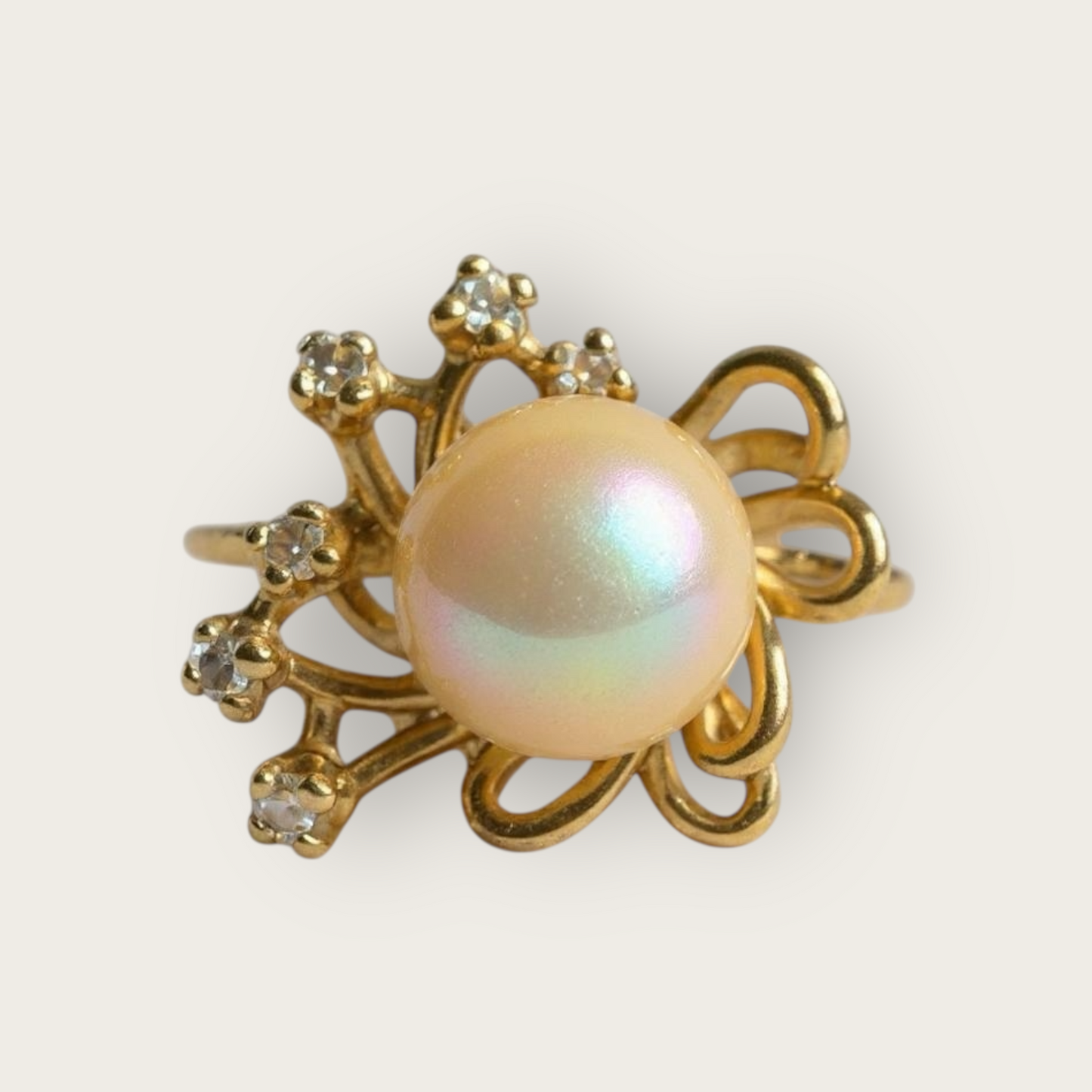 14K Gold Cultured Pearl & Diamond Cocktail Ring – Size 9 – Vintage Elegance with 6 Natural Diamonds