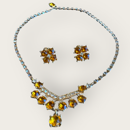 Vintage Signed Bogoff Amber Rhinestone Necklace & Earring Set – Golden Glow Statement Demi Parure