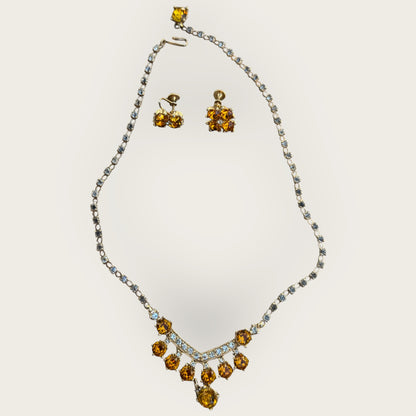 Vintage Signed Bogoff Amber Rhinestone Necklace & Earring Set – Golden Glow Statement Demi Parure