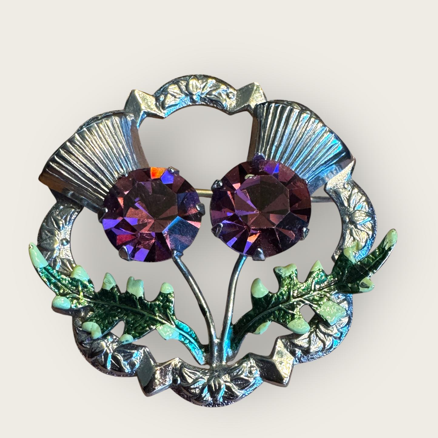 Vintage Scottish Thistle Brooch with Amethyst Glass & Enamel Leaves | Mid-Century Symbolic Jewelry | Silver-Tone