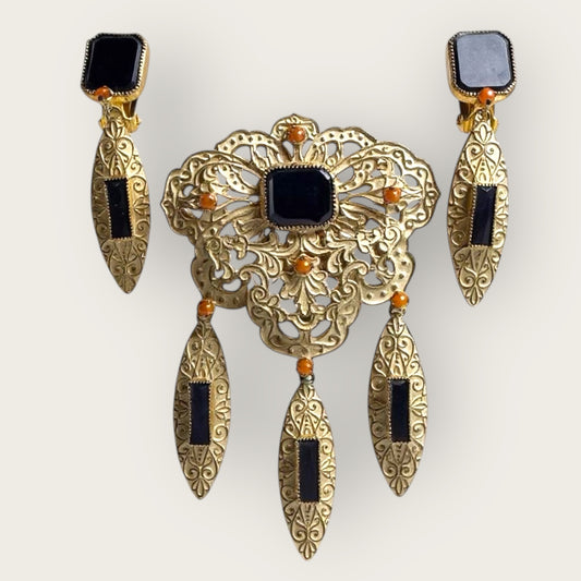 Signed Alice Caviness Vintage Filigree Brooch & Earrings Set | Cobalt Glass & Coral Beads | 1950s Painted Gold Statement Jewelry | Private Collection