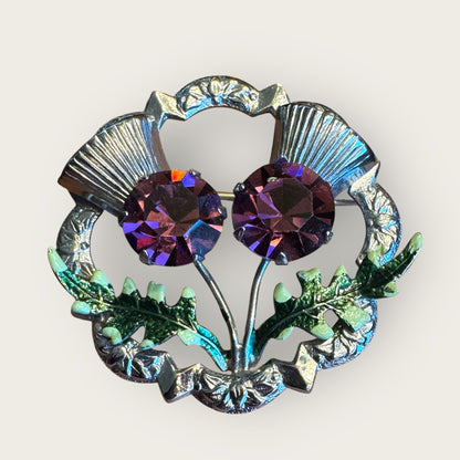 Vintage Scottish Thistle Brooch with Amethyst Glass & Enamel Leaves | Mid-Century Symbolic Jewelry | Silver-Tone