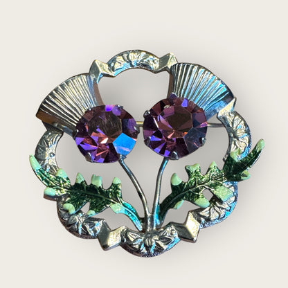 Vintage Scottish Thistle Brooch with Amethyst Glass & Enamel Leaves | Mid-Century Symbolic Jewelry | Silver-Tone