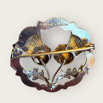 Vintage Scottish Thistle Brooch with Amethyst Glass & Enamel Leaves | Mid-Century Symbolic Jewelry | Silver-Tone