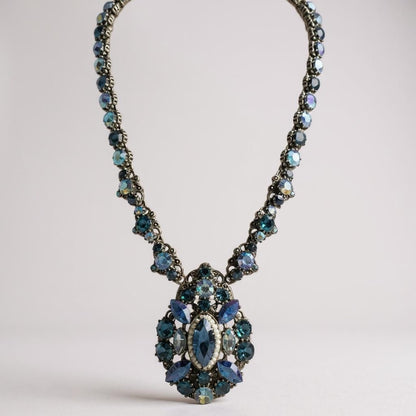 Vintage Signed Weiss Necklace – Midnight Blue Aurora Borealis Crystal Statement Necklace, 1950s