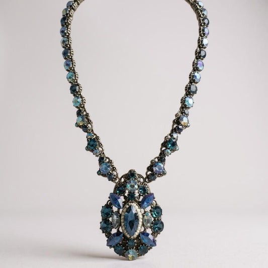 Vintage Signed Weiss Necklace – Midnight Blue Aurora Borealis Crystal Statement Necklace, 1950s