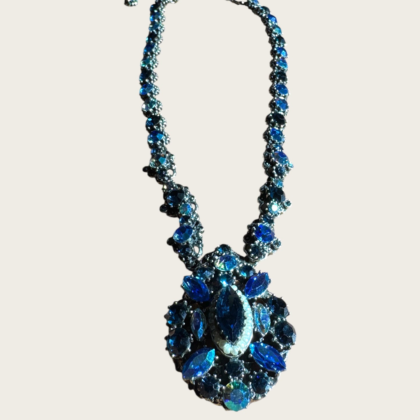Vintage Signed Weiss Necklace – Midnight Blue Aurora Borealis Crystal Statement Necklace, 1950s