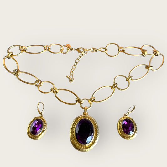 Joan Rivers Amethyst Glass Pendant Necklace & Lucite Earrings Set – Gold Tone Signed Vintage Jewelry