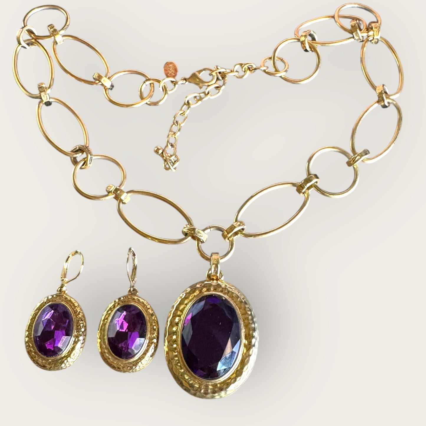 Joan Rivers Amethyst Glass Pendant Necklace & Lucite Earrings Set – Gold Tone Signed Vintage Jewelry