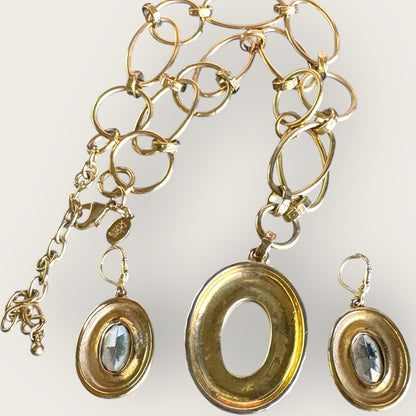 Joan Rivers Amethyst Glass Pendant Necklace & Lucite Earrings Set – Gold Tone Signed Vintage Jewelry