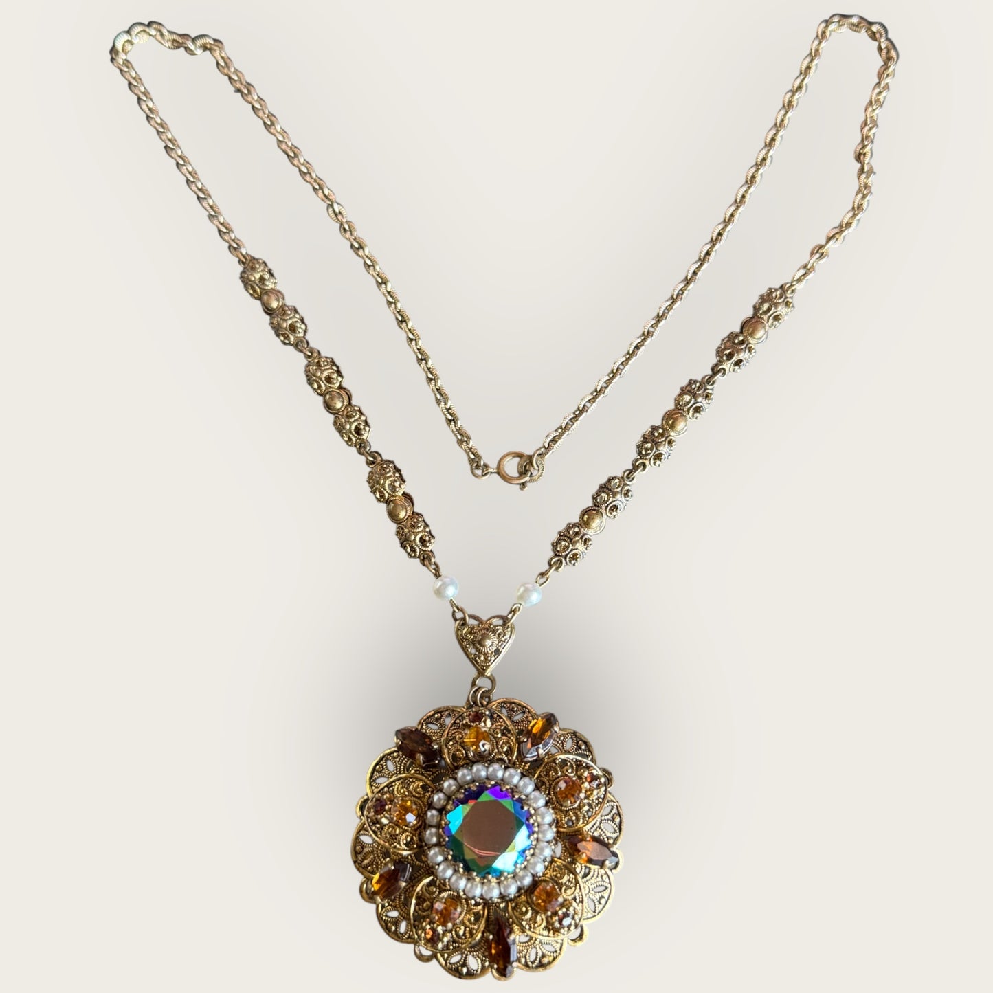 Vintage West Germany Amber & AB Crystal Filigree Medallion Necklace – Signed Statement Pendant with Pearl Halo